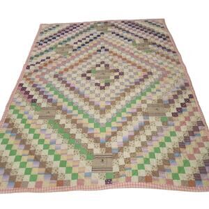 Handmade Postage Stamp Quilt Brown Green Tiny Square Queen/Full Gingham Back
